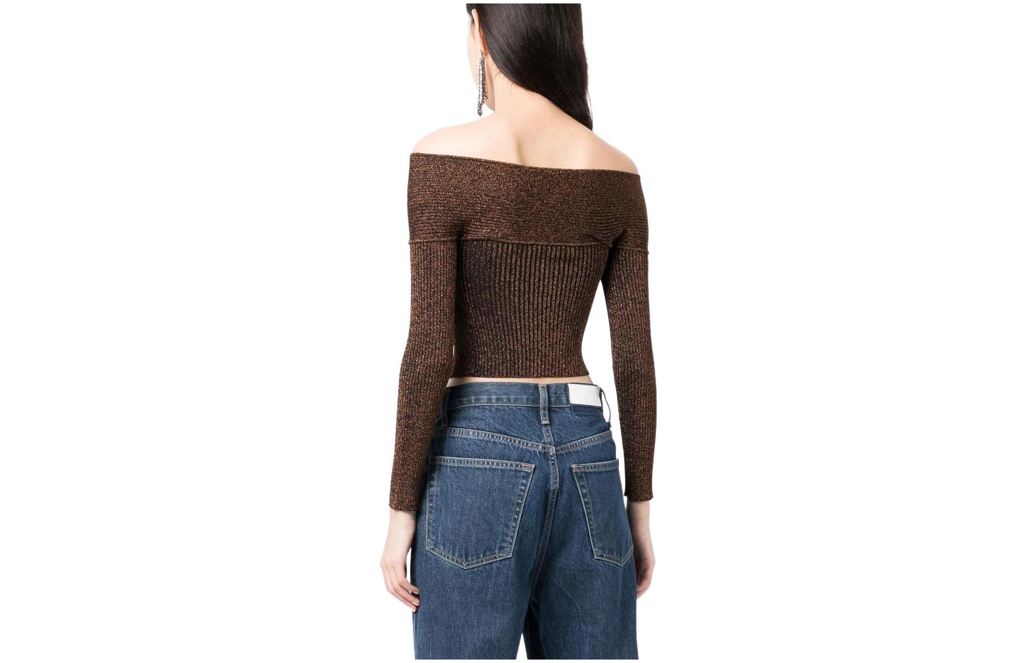 Lookbook (W) Self-Portrait FW22 棕色金屬感露肩針織短版上衣。 RS23090TBR