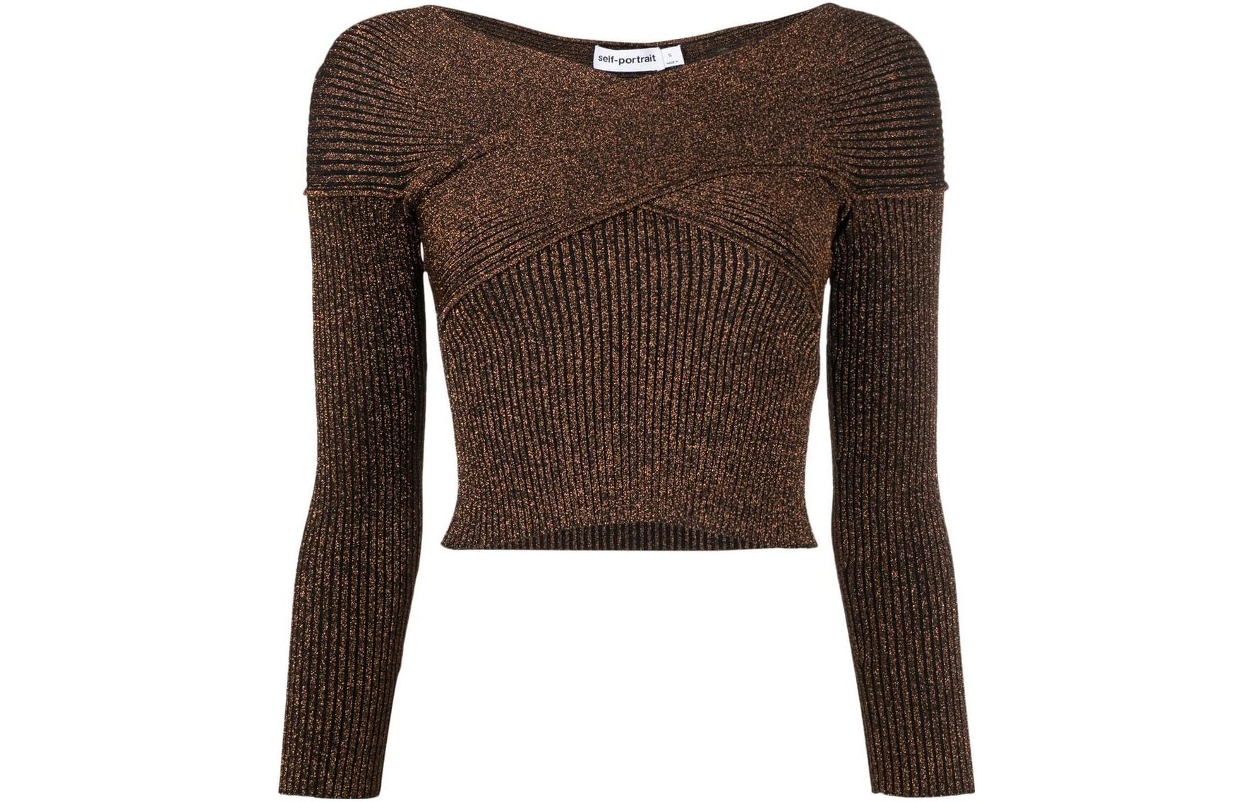 Shop (W) Self-Portrait FW22 棕色金屬感露肩針織短版上衣。 RS23090TBR