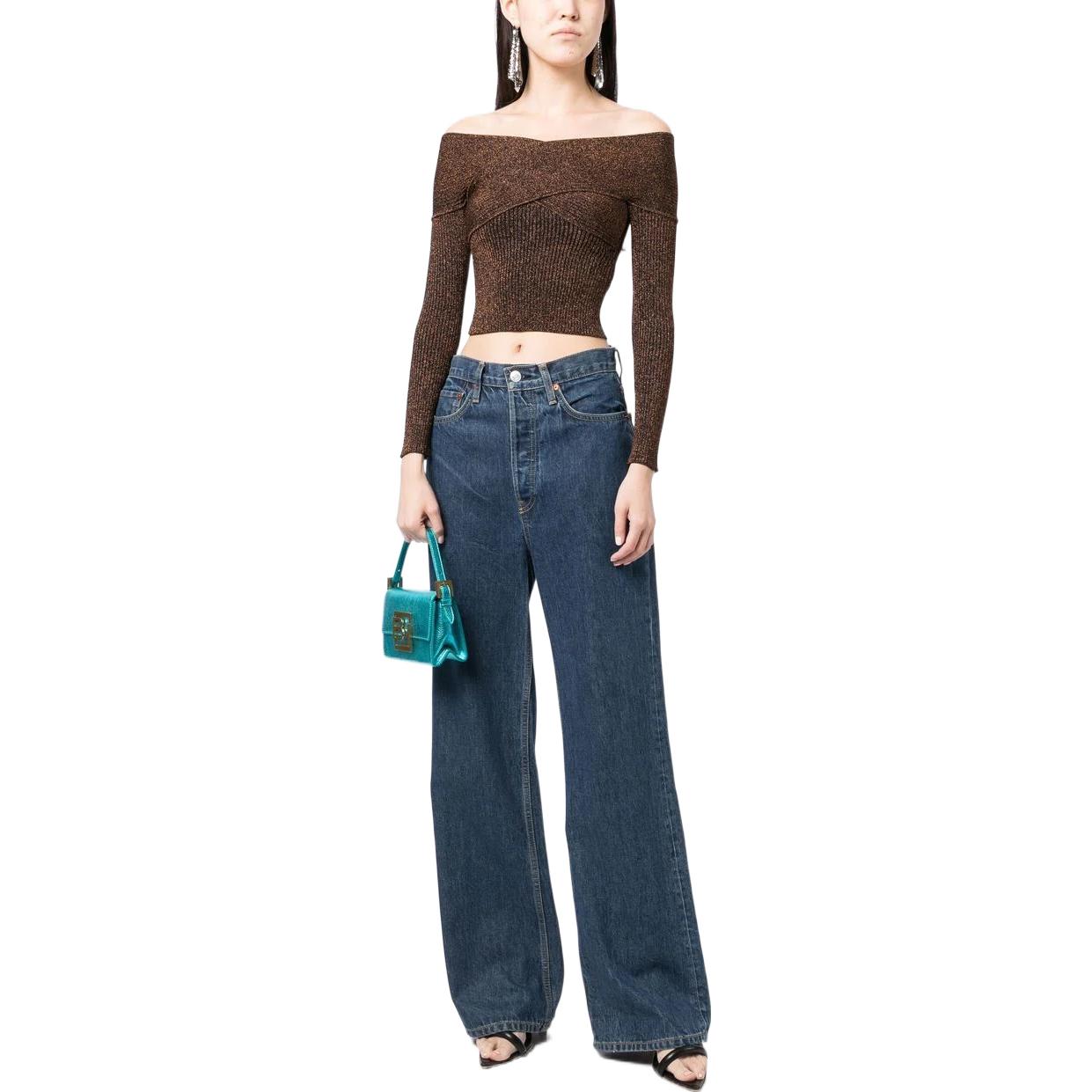 Purchase (W) Self-Portrait FW22 棕色金屬感露肩針織短版上衣。 RS23090TBR