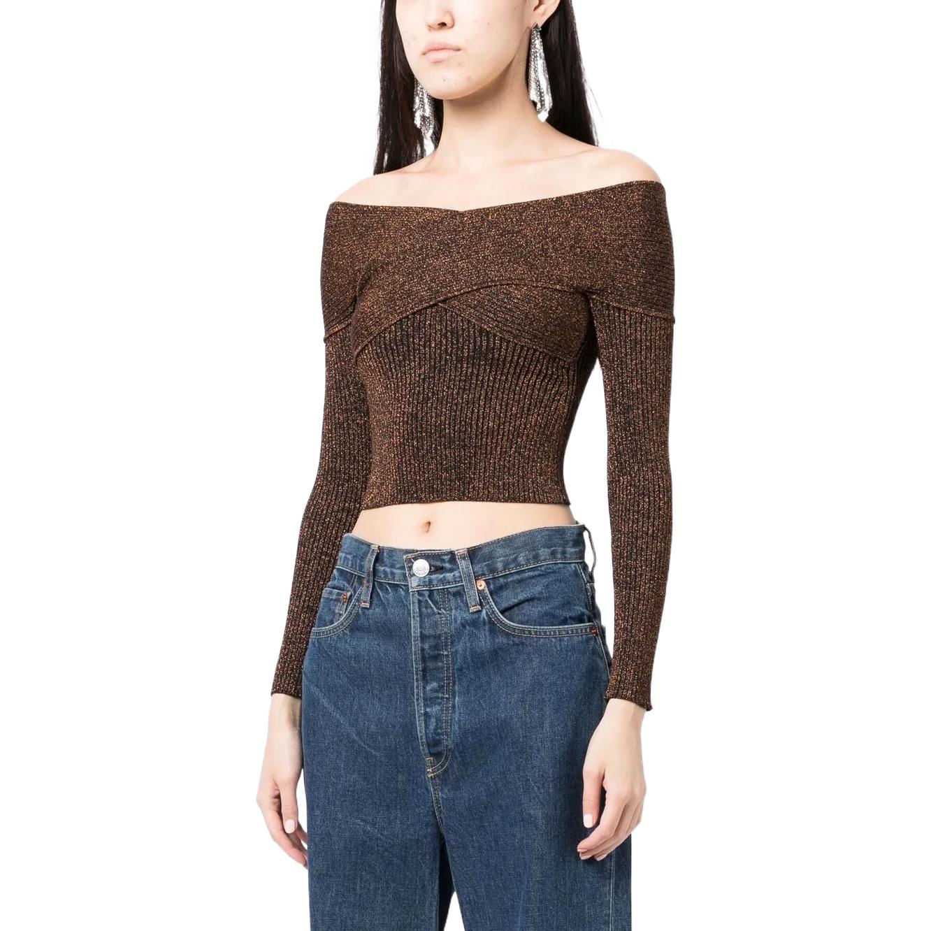 Details for (W) Self-Portrait FW22 棕色金屬感露肩針織短版上衣。 RS23090TBR