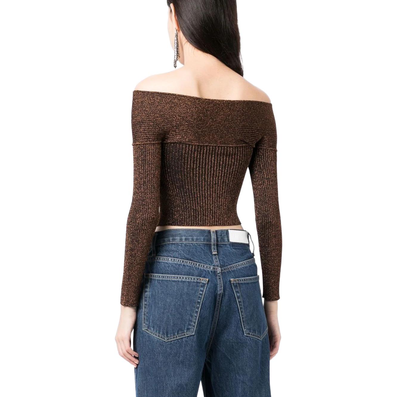 Sizing (W) Self-Portrait FW22 棕色金屬感露肩針織短版上衣。 RS23090TBR