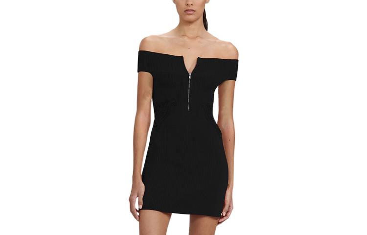 (Women) Self-Portrait FW22 Off-Shoulder Slim Black Knit Mini Dress for Women. SWF333M02100