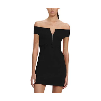 (Women) Self-Portrait FW22 Off-Shoulder Slim Black Knit Mini Dress for Women. SWF333M02100