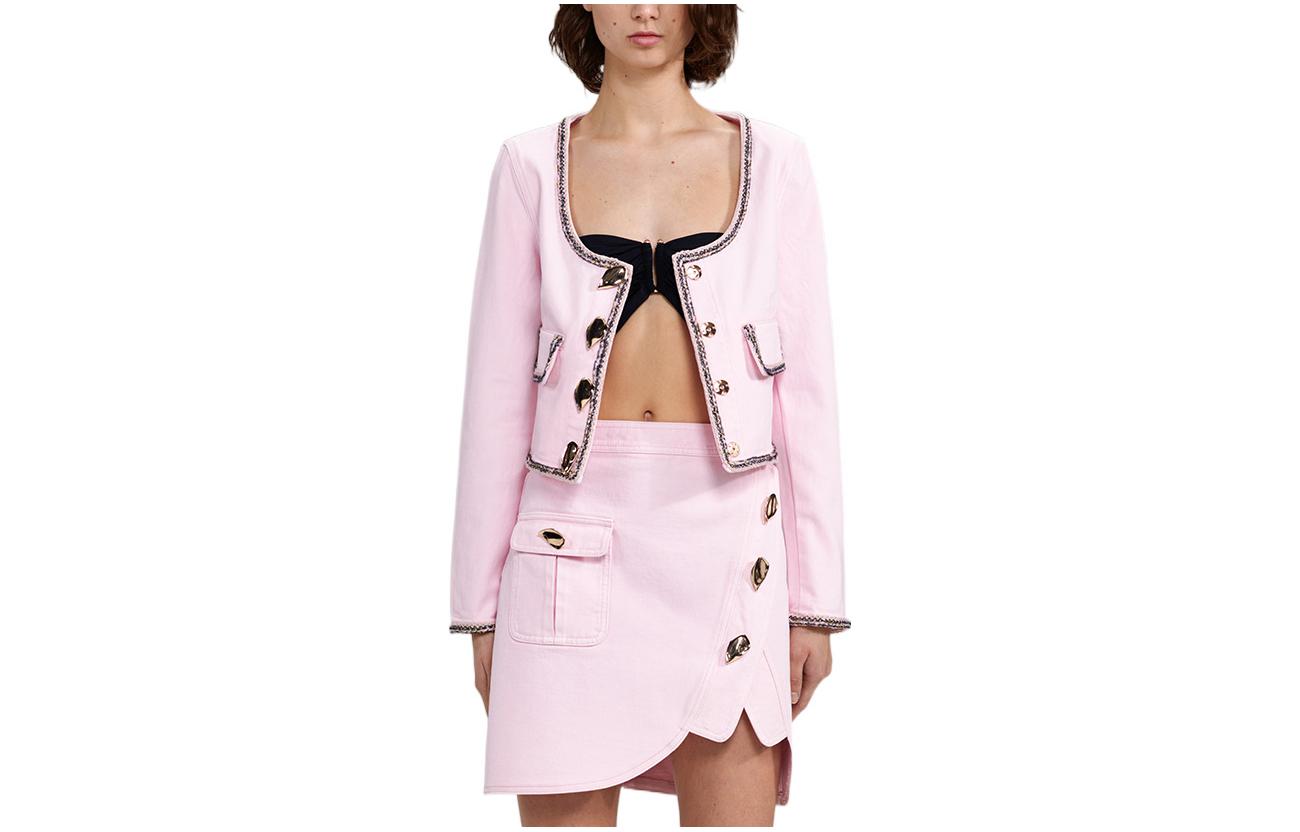 (Women) Self-Portrait FW22 Pink Contrast Trim Single-Breasted Cropped Jacket Women. SWF333T00600