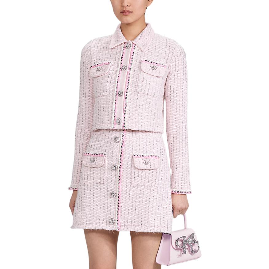 Lookbook (W) Self-Portrait FW22 粉色針織開襟衫 法式領口 - 時尚。 SWF334M07100