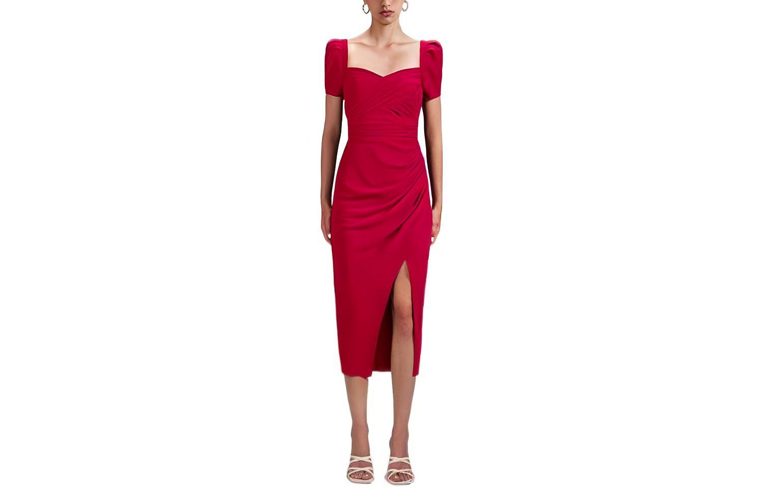 (Women) Self-Portrait FW22 Red Midi Dress with Puff Sleeves, Ruched Split Design for Parties. SWF341Y09000