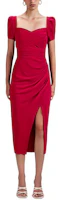 (Women) Self-Portrait FW22 Red Midi Dress with Puff Sleeves, Ruched Split Design for Parties. SWF341Y09000 (Women) Self-Portrait FW22 Red Midi Dress with Puff Sleeves, Ruched Split Design for Parties. SWF341Y09000