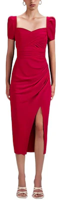 (W) Gaun Midi Merah Self-Portrait FW22 dengan Lengan Puf, Rekaan Berpotongan untuk Parti. SWF341Y09000 Order (W) Gaun Midi Merah Self-Portrait FW22 dengan Lengan Puf, Rekaan Berpotongan untuk Parti. SWF341Y09000
