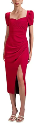 (W) Gaun Midi Merah Self-Portrait FW22 dengan Lengan Puf, Rekaan Berpotongan untuk Parti. SWF341Y09000 Shop (W) Gaun Midi Merah Self-Portrait FW22 dengan Lengan Puf, Rekaan Berpotongan untuk Parti. SWF341Y09000