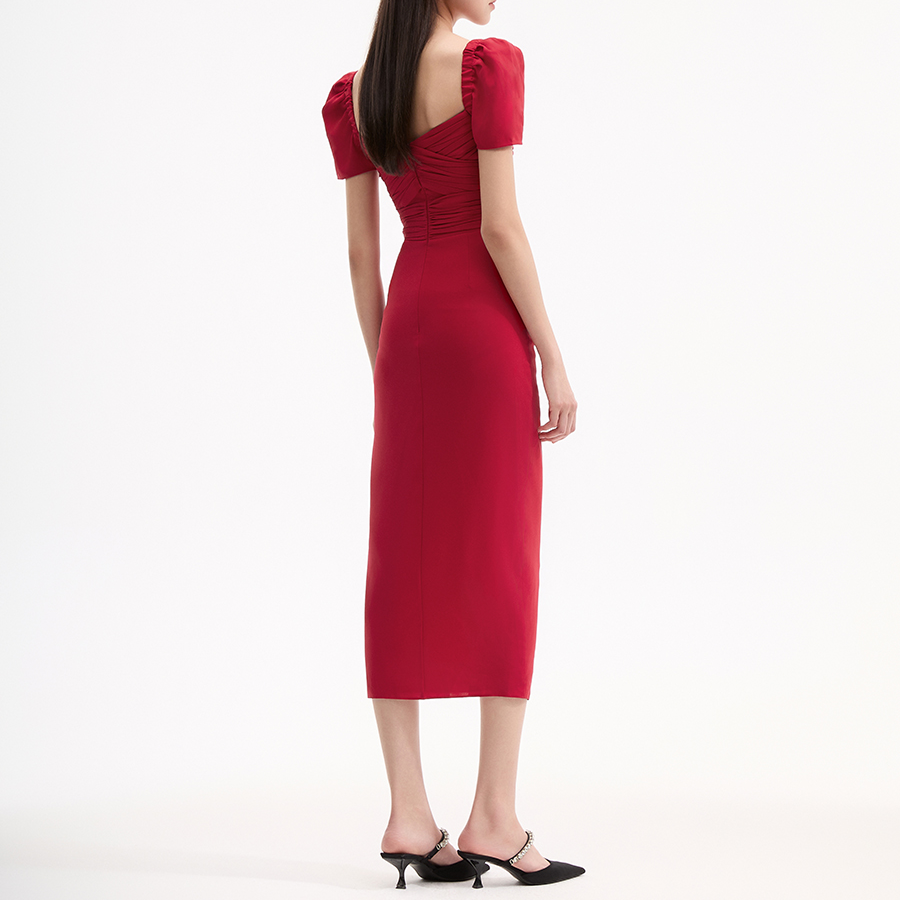 (Women) Self-Portrait FW22 Red Midi Dress with Puff Sleeves, Ruched Split Design for Parties. SWF341Y09000 圖 5