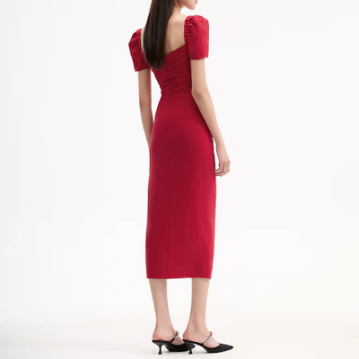 (W) Gaun Midi Merah Self-Portrait FW22 dengan Lengan Puf, Rekaan Berpotongan untuk Parti. SWF341Y09000 Purchase (W) Gaun Midi Merah Self-Portrait FW22 dengan Lengan Puf, Rekaan Berpotongan untuk Parti. SWF341Y09000