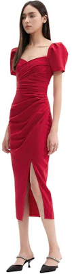 (W) Gaun Midi Merah Self-Portrait FW22 dengan Lengan Puf, Rekaan Berpotongan untuk Parti. SWF341Y09000 Details for (W) Gaun Midi Merah Self-Portrait FW22 dengan Lengan Puf, Rekaan Berpotongan untuk Parti. SWF341Y09000