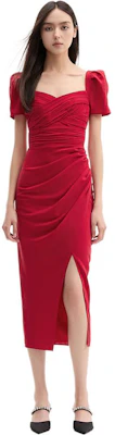 (W) Gaun Midi Merah Self-Portrait FW22 dengan Lengan Puf, Rekaan Berpotongan untuk Parti. SWF341Y09000 Sizing (W) Gaun Midi Merah Self-Portrait FW22 dengan Lengan Puf, Rekaan Berpotongan untuk Parti. SWF341Y09000