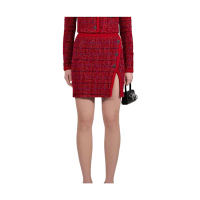 (Women) Self-Portrait FW22 Red Tweed High-Waist Knit Mini Skirt with Side Slit for Women. SWF334M08500