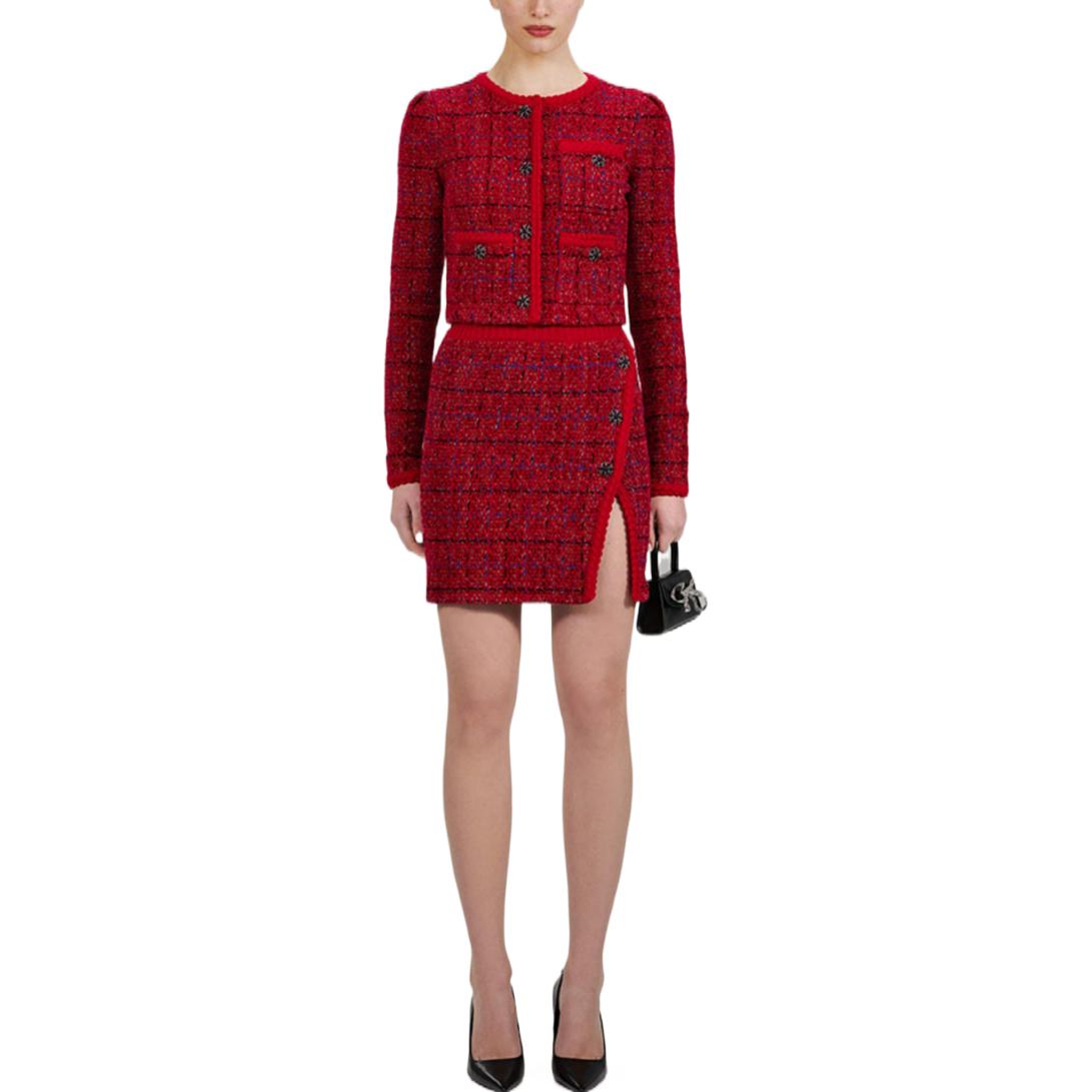 Shop (W) Self-Portrait FW22 Rok Mini Knit Merah Tweed High-Waist dengan Belahan Samping Wanita. SWF334M08500