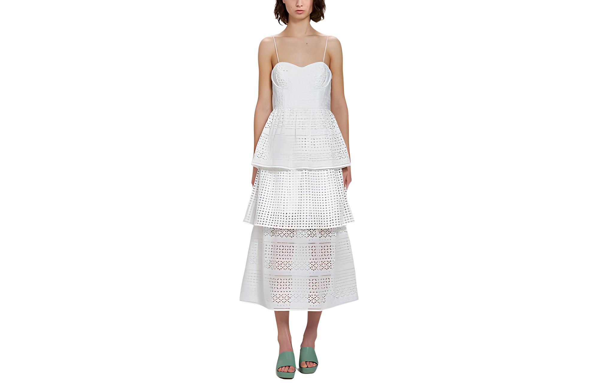 (Women) Self-Portrait FW22 White Geometric Floral A-Line Midi Dress  Vacation Style. SWF333Y02100