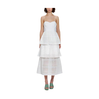 (Women) Self-Portrait FW22 White Geometric Floral A-Line Midi Dress Vacation Style. SWF333Y02100