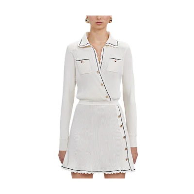 (Women) Self-Portrait FW22 White Polo Collar Knit Slim Fit Long Sleeve Mini Dress Women. SWF333M01100