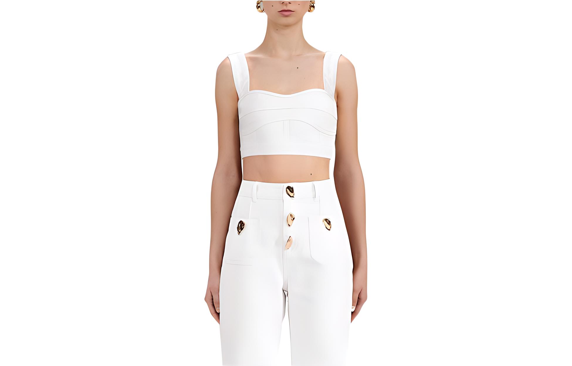 (Women) Self-Portrait FW22 White Sleeveless Crop Top with Back Zipper - . SWF333C01800
