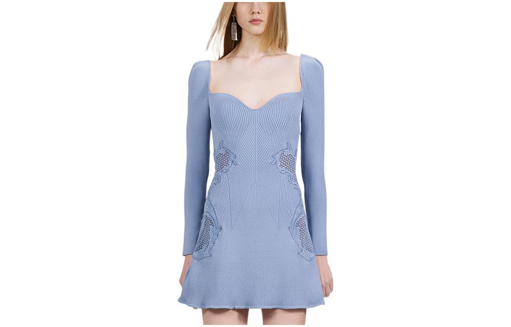 (Women) Self-Portrait FW22 Women’s Lace Long Sleeve Dress French Style Light Blue SWF334M05600