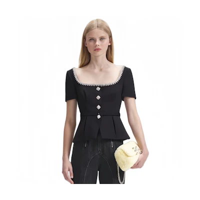 (Women) Self-Portrait FW23 Buttoned Square Neck Short-Sleeve Cinched Shirt SWF344C02400911
