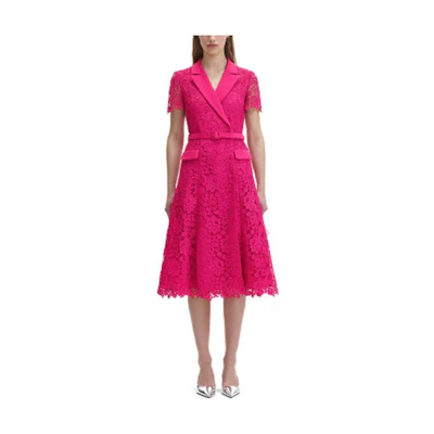 (Women) Self-Portrait FW23 French Lace Short Sleeve Dress in Fuchsia. SWF344Y17800109