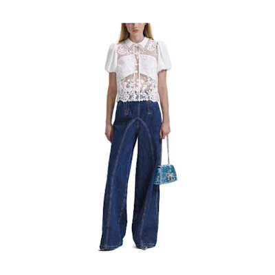 (Women) Self-Portrait FW23 Solid Lace Short-Sleeve Elegant Fitted Shirt SWF344C03000001