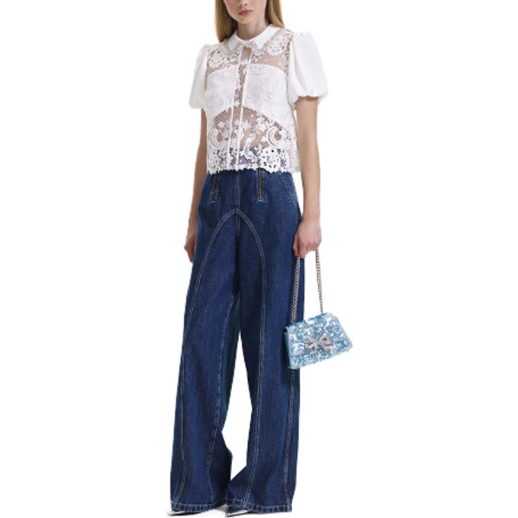 Shop (W) Self-Portrait FW23 Camisa Elegante Ceñida de Encaje Sólido de Manga Corta. SWF344C03000001