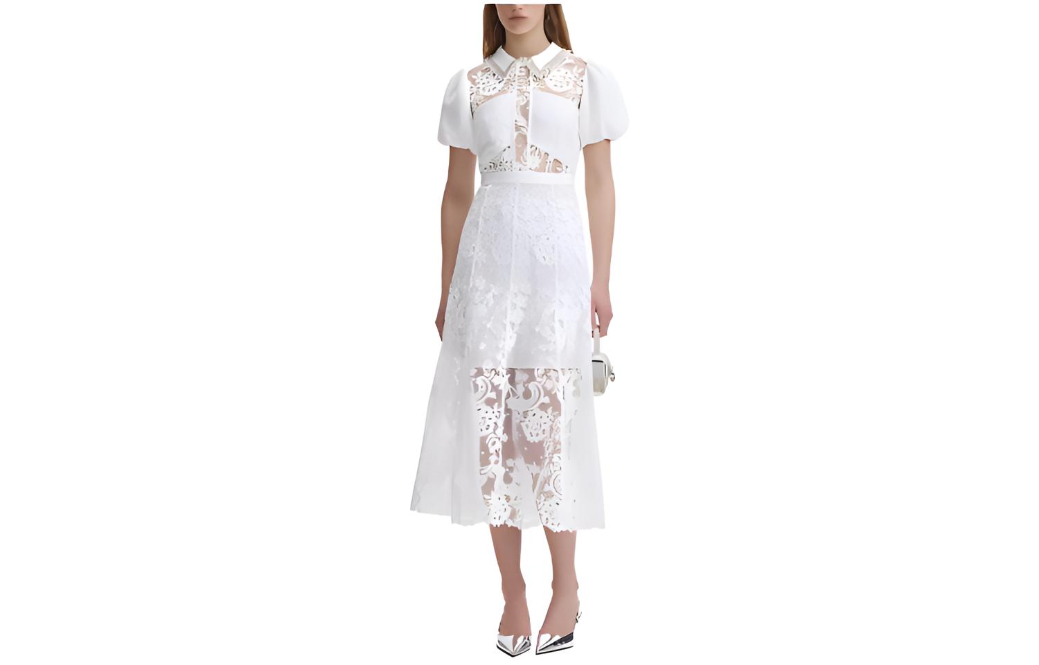 (Women) Self-Portrait FW23 Lace Puff Sleeve Midi Dress with Floral Embroidery -  Elegant Outfit SWF344Y16400001