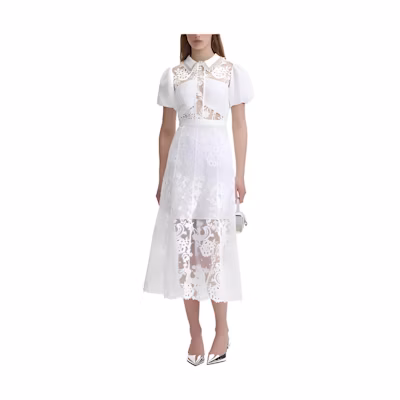 (Women) Self-Portrait FW23 Lace Puff Sleeve Midi Dress with Floral Embroidery - Elegant Outfit SWF344Y16400001