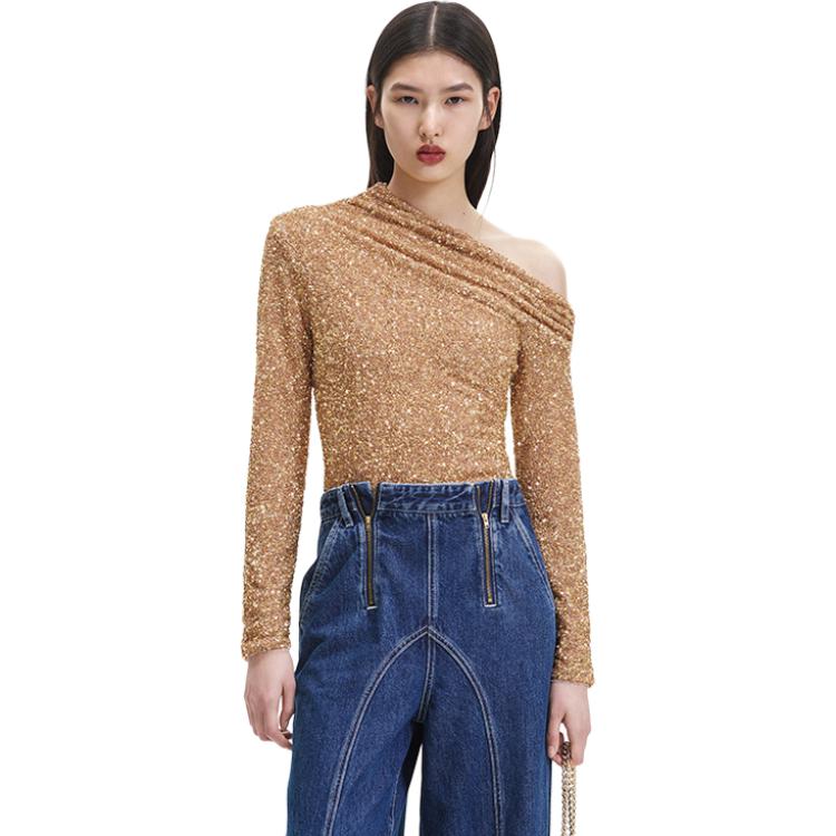 (Women) Self-Portrait Gold French Asymmetric Long Sleeve Casual Top for Women. SWF344C03600