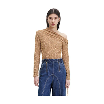 (Women) Self-Portrait Gold French Asymmetric Long Sleeve Casual Top for Women. SWF344C03600