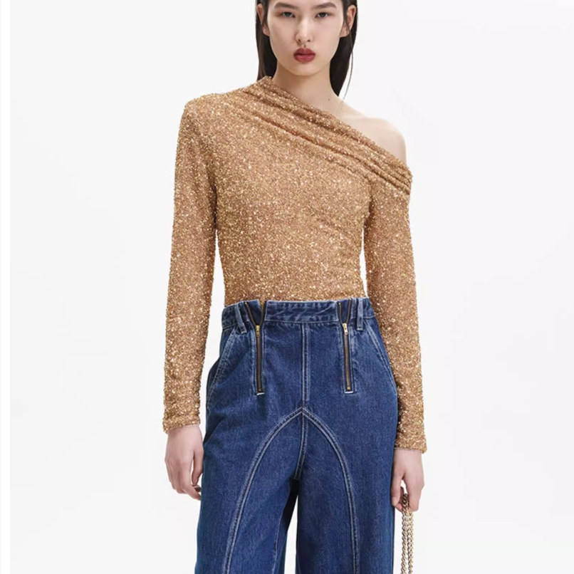 Purchase (W) Self-Portrait 金色法式不對稱長袖休閒上衣女款 SWF344C03600