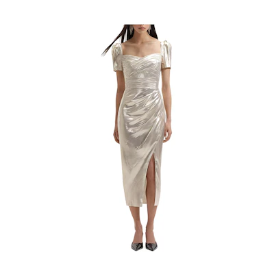 (Women) Self-Portrait Gold Ruched Short Sleeve U-Neck Slit Dress for Women SWF352Y25400