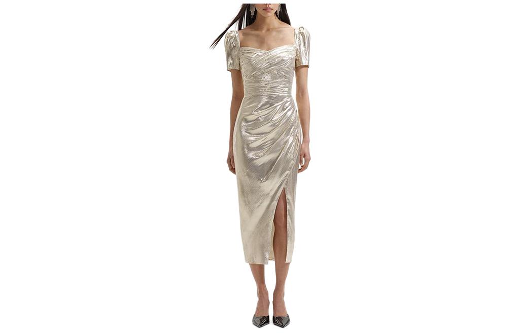 (Women) Self-Portrait Gold Ruched Short Sleeve U-Neck Slit Dress for Women SWF352Y25400 圖 2