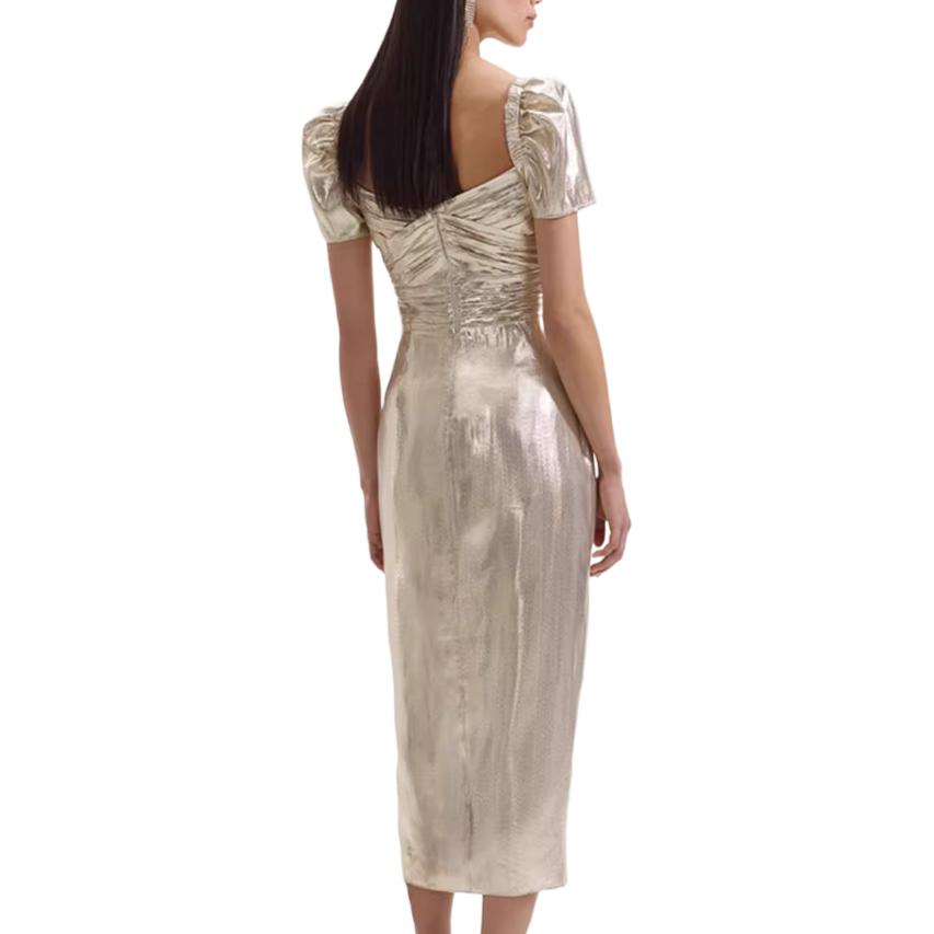 (Women) Self-Portrait Gold Ruched Short Sleeve U-Neck Slit Dress for Women SWF352Y25400 圖 4