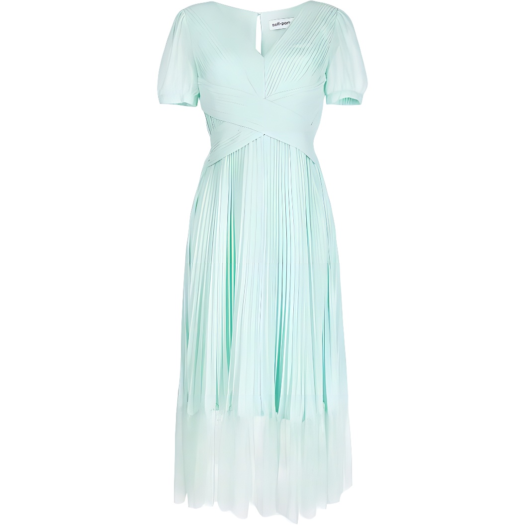 (Women) Self-Portrait Green Lace Pleated V-Neck Midi Chiffon Elegant Evening Dress. PF23079MBL