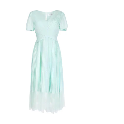 (Women) Self-Portrait Green Lace Pleated V-Neck Midi Chiffon Elegant Evening Dress. PF23079MBL
