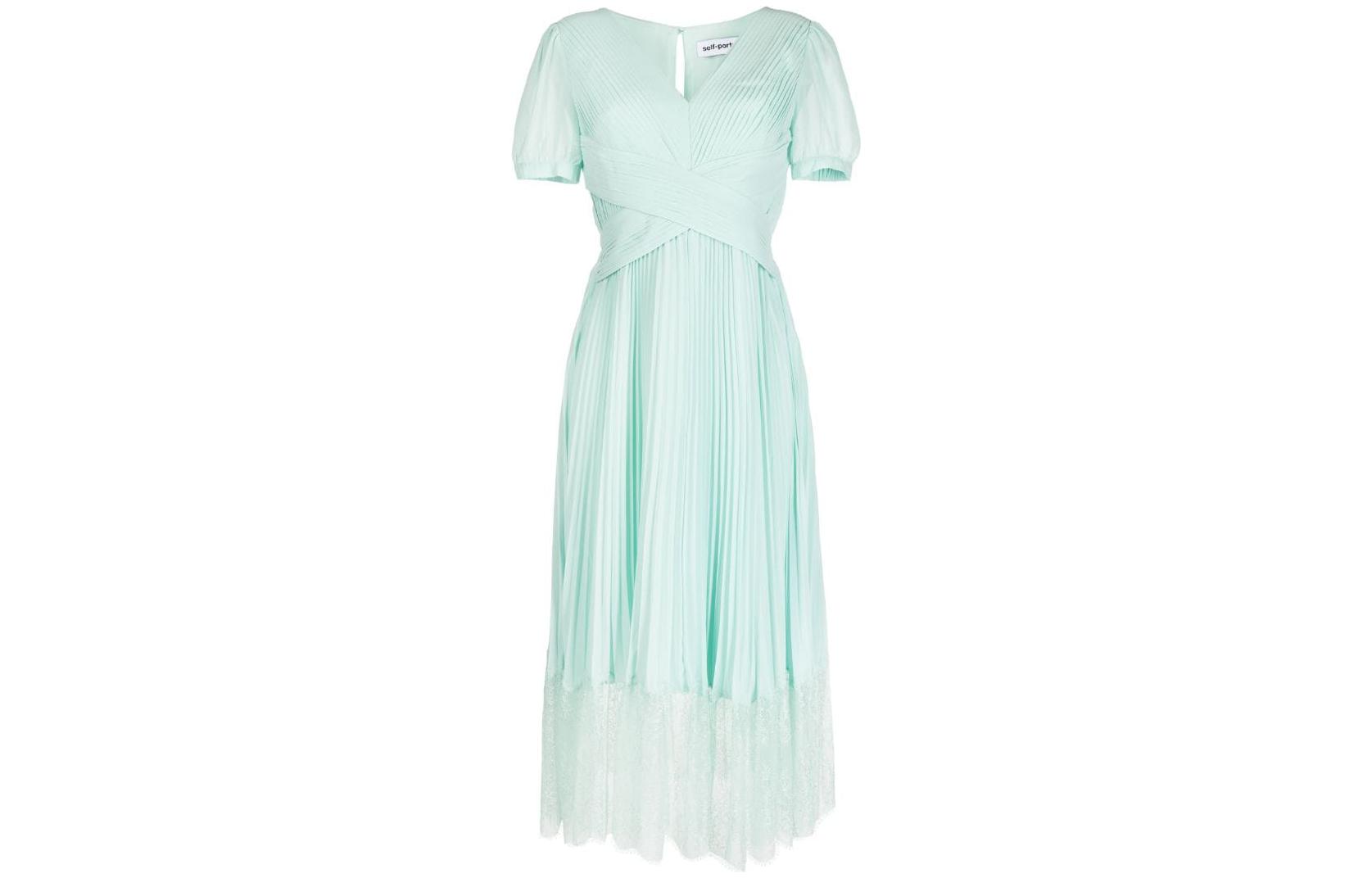 (Women) Self-Portrait Green Lace Pleated V-Neck Midi Chiffon Elegant Evening Dress. PF23079MBL 圖 2