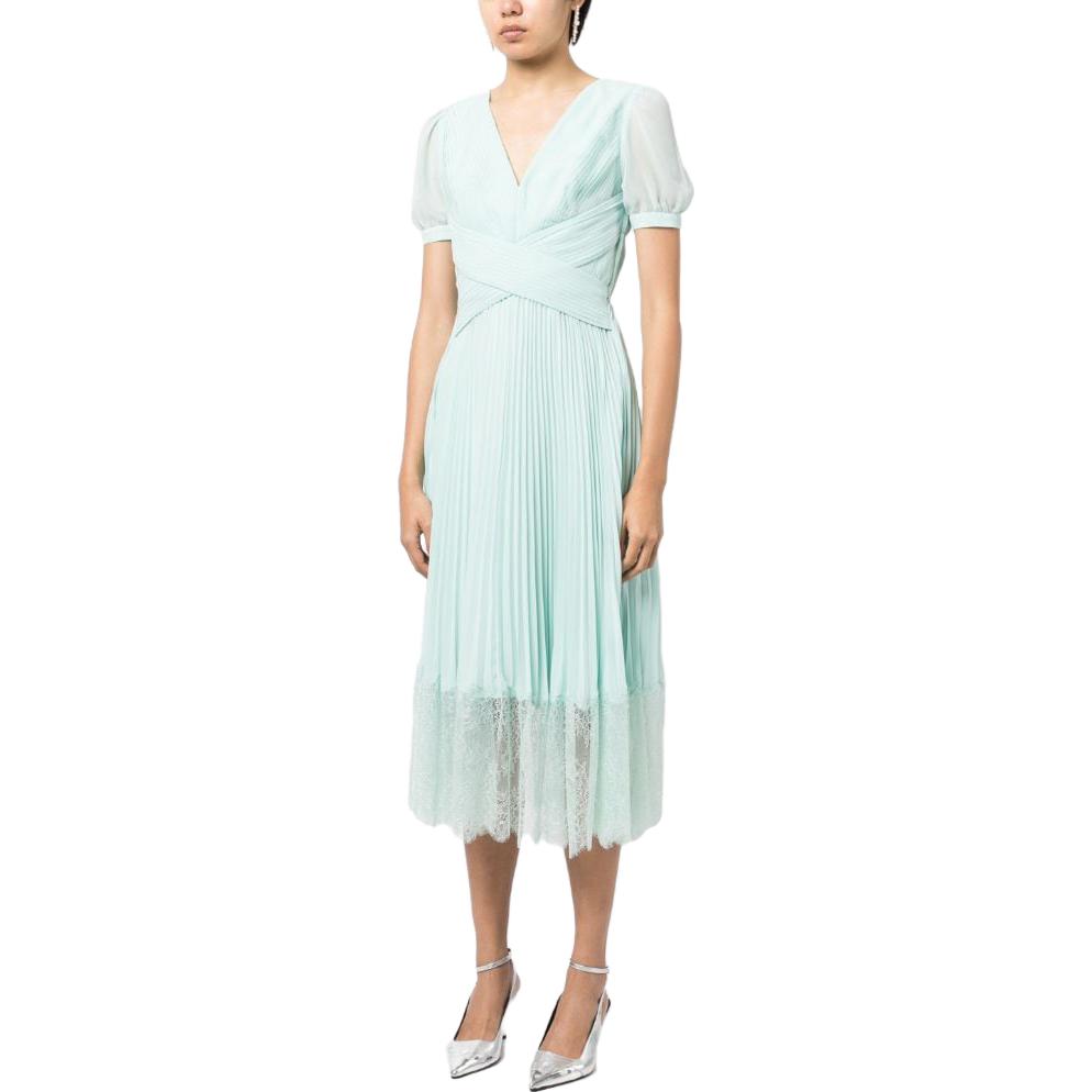 (Women) Self-Portrait Green Lace Pleated V-Neck Midi Chiffon Elegant Evening Dress. PF23079MBL 圖 3