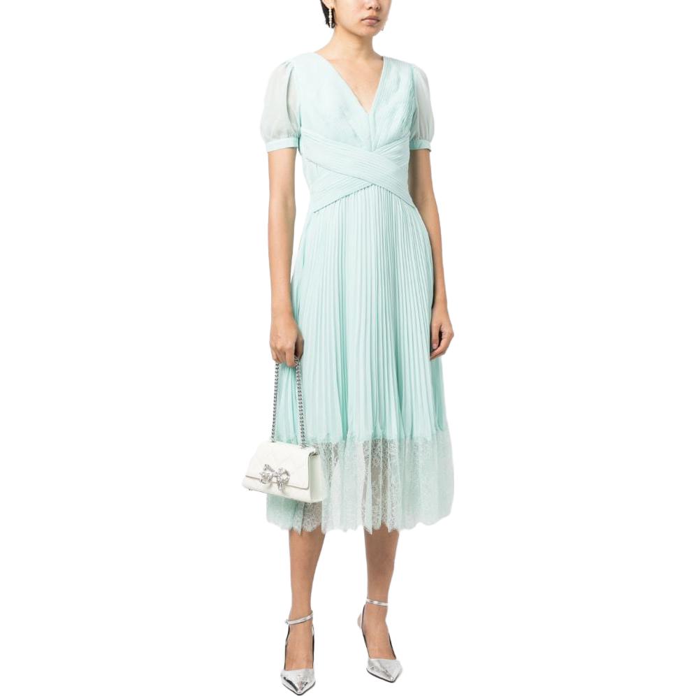 (Women) Self-Portrait Green Lace Pleated V-Neck Midi Chiffon Elegant Evening Dress. PF23079MBL 圖 5