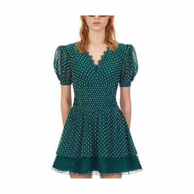 (Women) Self-Portrait Green Polka Dot Lace Trim Puff Sleeve V-Neck Dress for Women SWF203Y02100