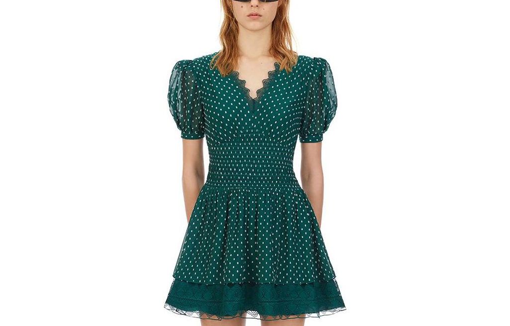 (Women) Self-Portrait Green Polka Dot Lace Trim Puff Sleeve V-Neck Dress for Women SWF203Y02100 圖 2