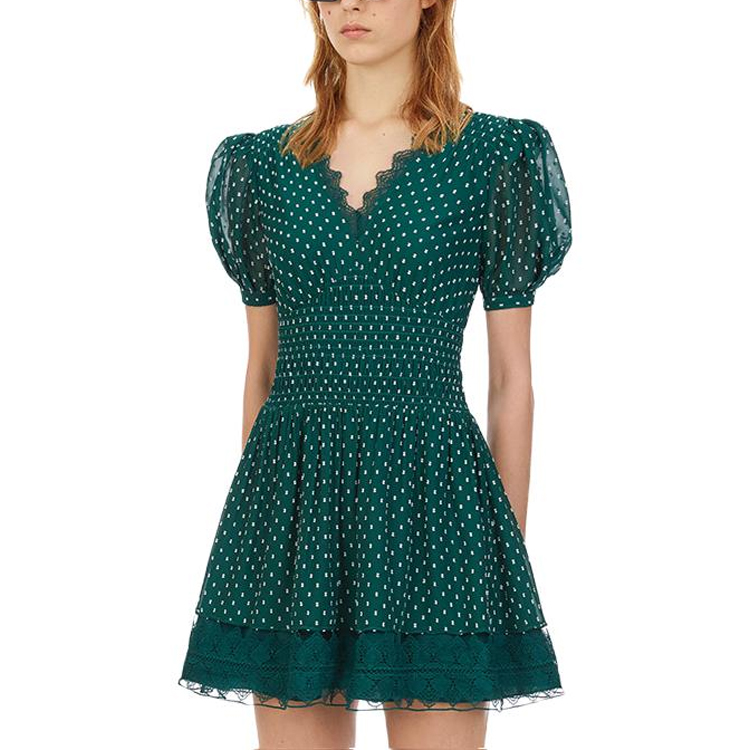 (Women) Self-Portrait Green Polka Dot Lace Trim Puff Sleeve V-Neck Dress for Women SWF203Y02100 圖 3