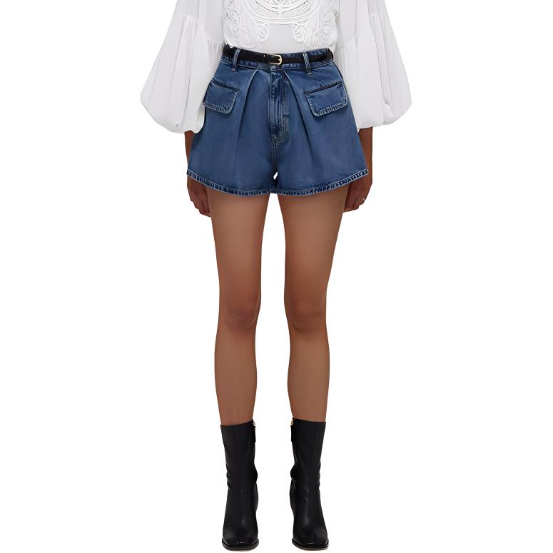 (Women) Self-Portrait High-Waist Denim Blue Pocket Zip Shorts for Women SWF332K01900