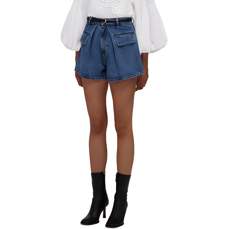 Purchase (W) Seluar Pendek Denim Biru High-Waist Wanita dengan Zip & Poket - Self-Portrait. SWF332K01900