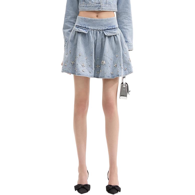 (Women) Self-Portrait High-Waist Pleated Denim Skirt with Rhinestones Light Denim Blue SWF353Q01000 圖 2