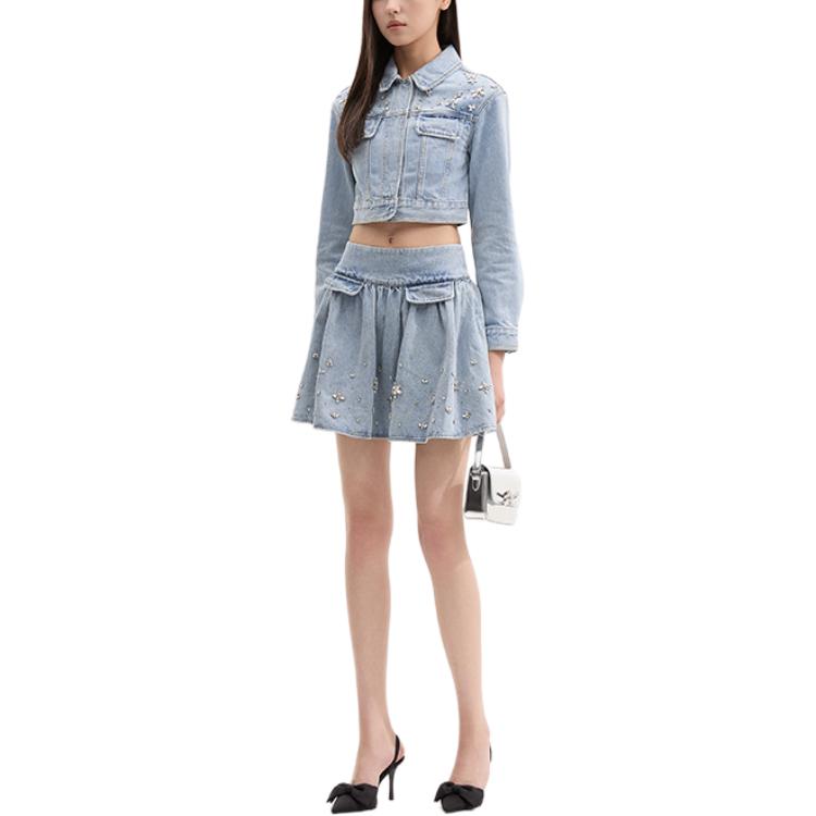 (Women) Self-Portrait High-Waist Pleated Denim Skirt with Rhinestones Light Denim Blue SWF353Q01000 圖 3
