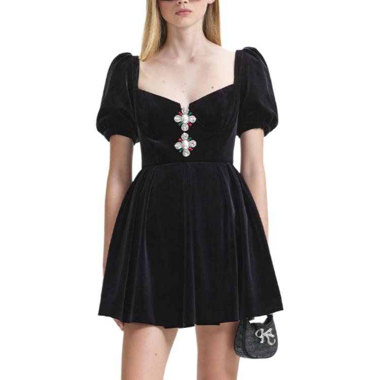 (Women) Self-Portrait High Waist Puff Sleeve Black Mini Dress with Rhinestone Details. SWF344Y15000 圖 3