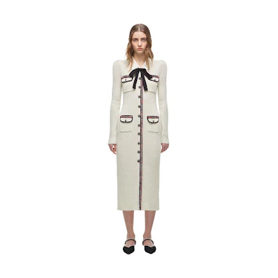(Women) Self-Portrait Ivory Bow Knit Long Sleeve Slim Fit Polo Dress Elegant Gown SWF325M12500